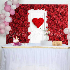 Lofaris Red Rose Wall Backdrop with White Door Floral Heart Wreath for Valentine’s Day Romantic Wedding Photography Background
