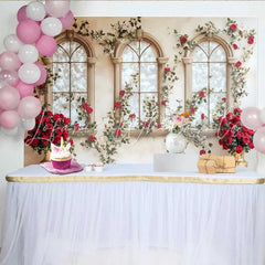 Lofaris Red Rose Window Arch Backdrop Gold Vase Floral Wedding Background Valentines Day Photo Shoot Prop
