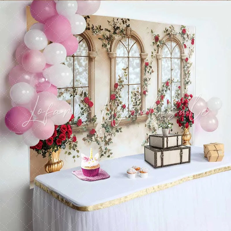 Lofaris Red Rose Window Arch Backdrop Gold Vase Floral Wedding Background Valentines Day Photo Shoot Prop