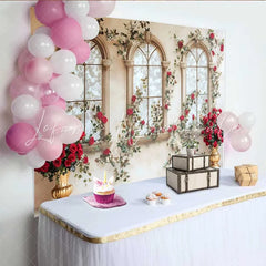 Lofaris Red Rose Window Arch Backdrop Gold Vase Floral Wedding Background Valentines Day Photo Shoot Prop