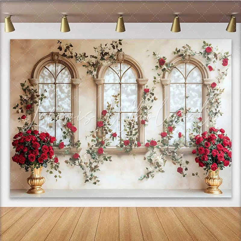 Lofaris Red Rose Window Arch Backdrop Gold Vase Floral Wedding Background Valentines Day Photo Shoot Prop