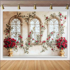 Lofaris Red Rose Window Arch Backdrop Gold Vase Floral Wedding Background Valentines Day Photo Shoot Prop