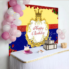 Lofaris Red Roses Golden Crown Happy Birthday Backdrop Yellow and Blue Royal Party Background