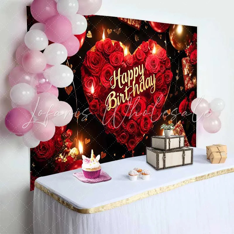 Lofaris Red Roses Heart Happy Birthday Backdrop Gold Balloons and Gifts for Elegant Party Celebration