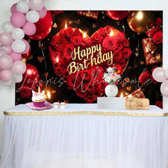 Lofaris Red Roses Heart Happy Birthday Backdrop Gold Balloons and Gifts for Elegant Party Celebration