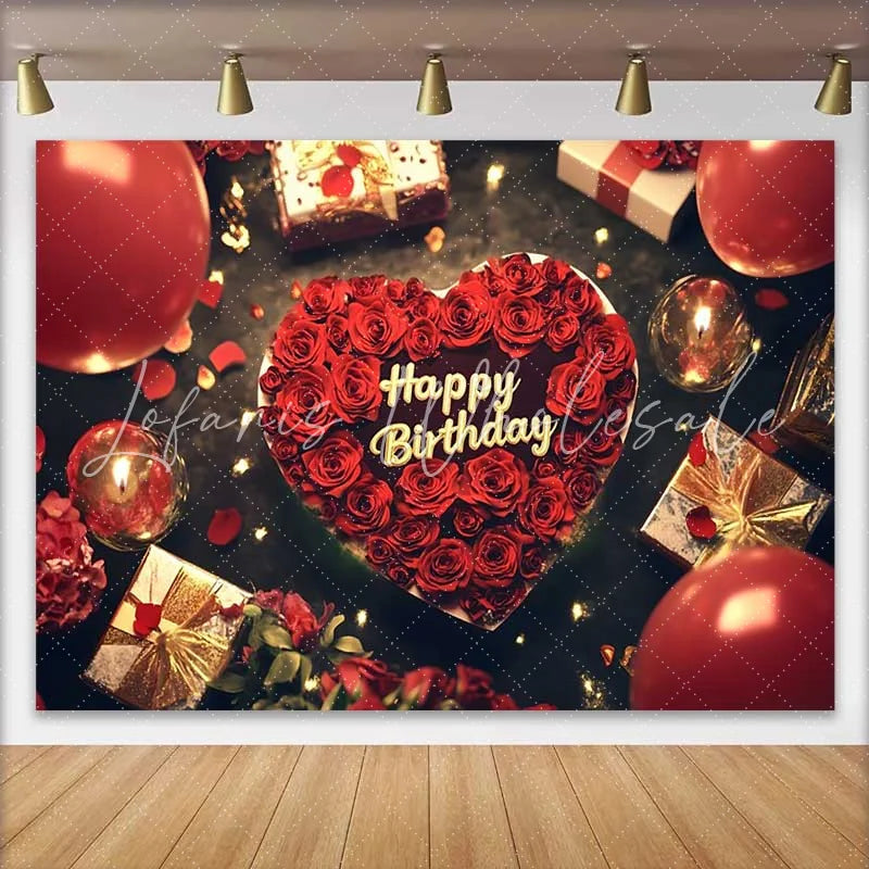 Lofaris Red Roses Heart Happy Birthday Backdrop Romantic Celebration Party Decor with Balloons and Gifts
