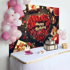 Lofaris Red Roses Heart Happy Birthday Backdrop Romantic Celebration Party Decor with Balloons and Gifts
