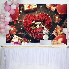 Lofaris Red Roses Heart Happy Birthday Backdrop Romantic Celebration Party Decor with Balloons and Gifts