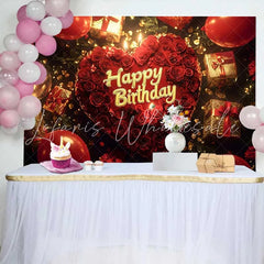 Lofaris Red Roses Heart Happy Birthday Backdrop with Golden Gifts and Balloons Elegant Celebration Party Decor