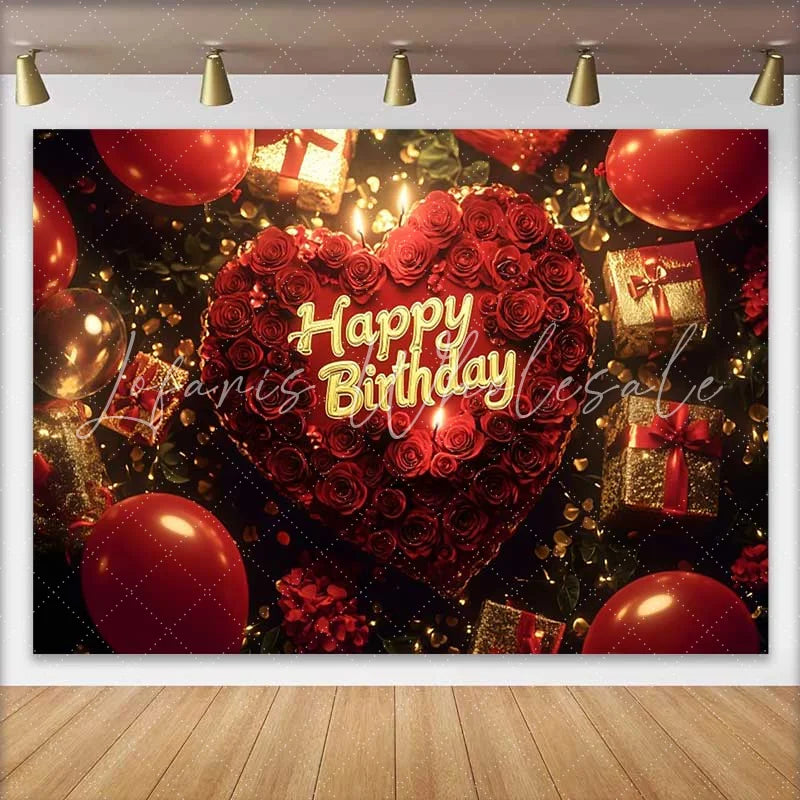 Lofaris Red Roses Heart Happy Birthday Backdrop with Golden Gifts and Balloons Elegant Celebration Party Decor