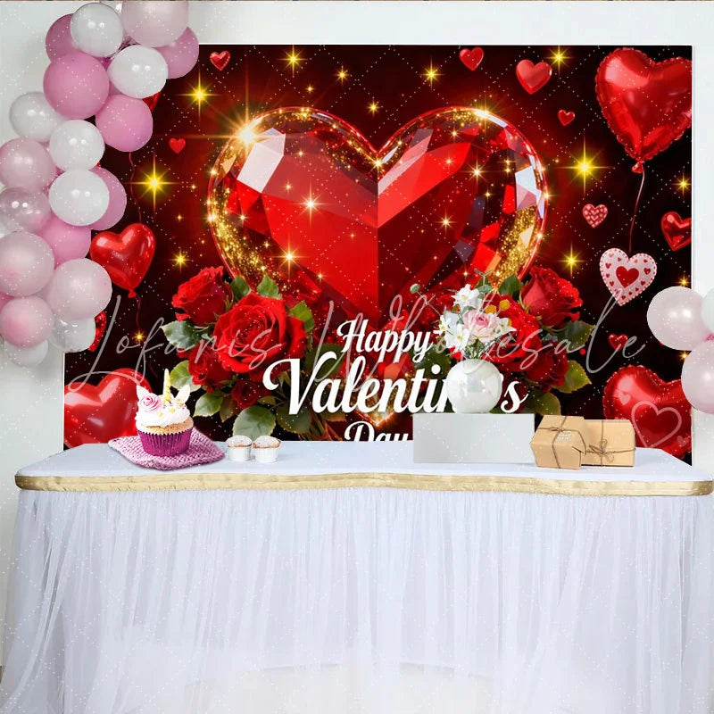 Lofaris Red Sparkling Heart Gem and Roses Happy Valentine’s Day Party Backdrop Romantic Love Celebration Decor