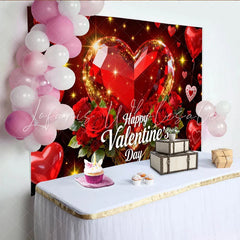 Lofaris Red Sparkling Heart Gem and Roses Happy Valentine’s Day Party Backdrop Romantic Love Celebration Decor
