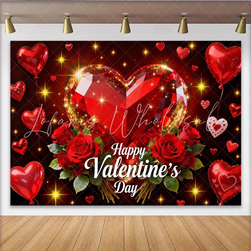 Lofaris Red Sparkling Heart Gem and Roses Happy Valentine’s Day Party Backdrop Romantic Love Celebration Decor