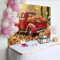Lofaris Red Truck Autumn Harvest Holiday Backdrop with Pumpkins and Falling Leaves Rustic Fall Festival for Thanksgiving Party Decor