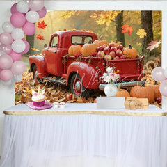 Lofaris Red Truck Autumn Harvest Holiday Backdrop with Pumpkins and Falling Leaves Rustic Fall Festival for Thanksgiving Party Decor