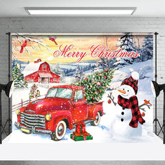 Lofaris Red Truck Christmas Tree Snowman Sunset Backdrop