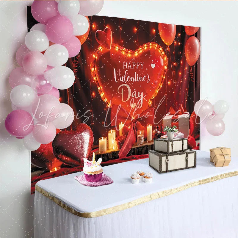 Lofaris Red Valentine’s Day Party Backdrop with Illuminated Heart Balloon Romantic Lights and Gift Boxes Decor