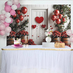 Lofaris Red Valentines Day Backdrop with Heart Balloons Roses and White Door Romantic Photo Background for Couple Party Decor