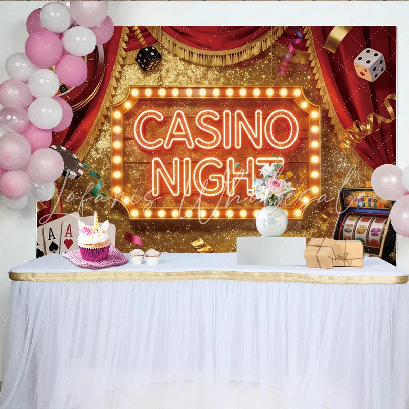 Lofaris Red Velvet Casino Night Party Backdrop with Glitter and Game Elements Luxurious Gambling Theme Background for Adult Event
