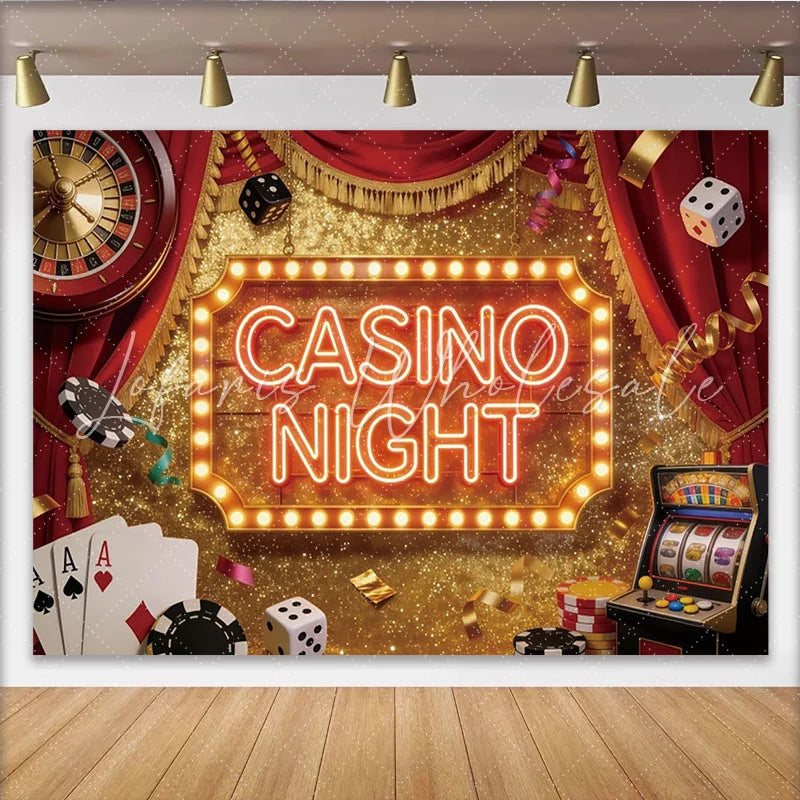 Lofaris Red Velvet Casino Night Party Backdrop with Glitter and Game Elements Luxurious Gambling Theme Background for Adult Event