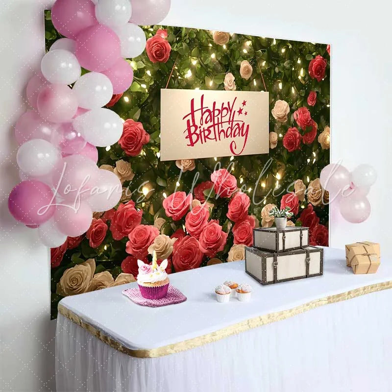 Lofaris Red White Rose Floral Wall Happy Birthday Backdrop Warm Fairy Lights Womens Party Photography Background