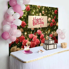 Lofaris Red White Rose Floral Wall Happy Birthday Backdrop Warm Fairy Lights Womens Party Photography Background
