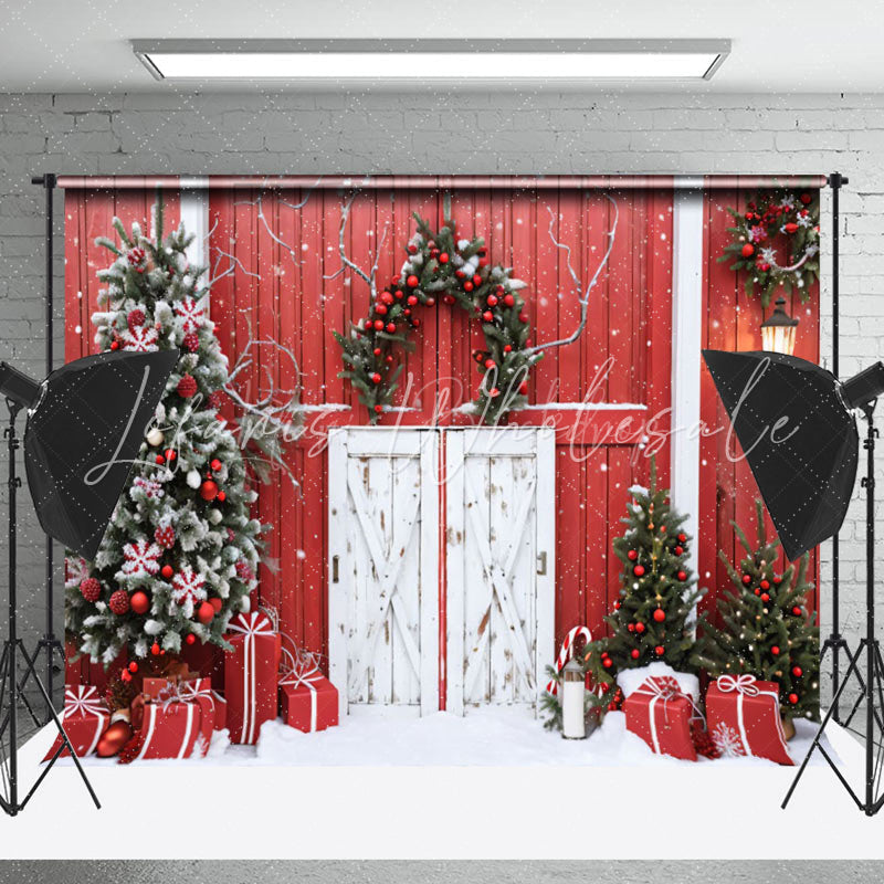 Lofaris Red Wood Wall Door Wreath Snow Christmas Backdrop