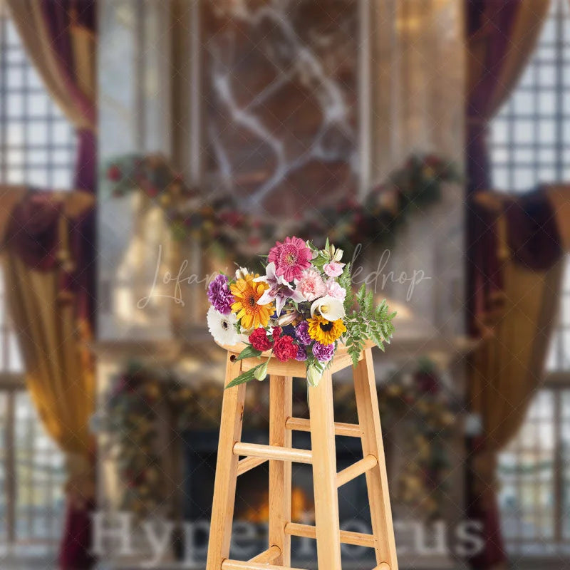 Lofaris Red Yellow Curtain Fireplace Christmas Vibe Backdrop