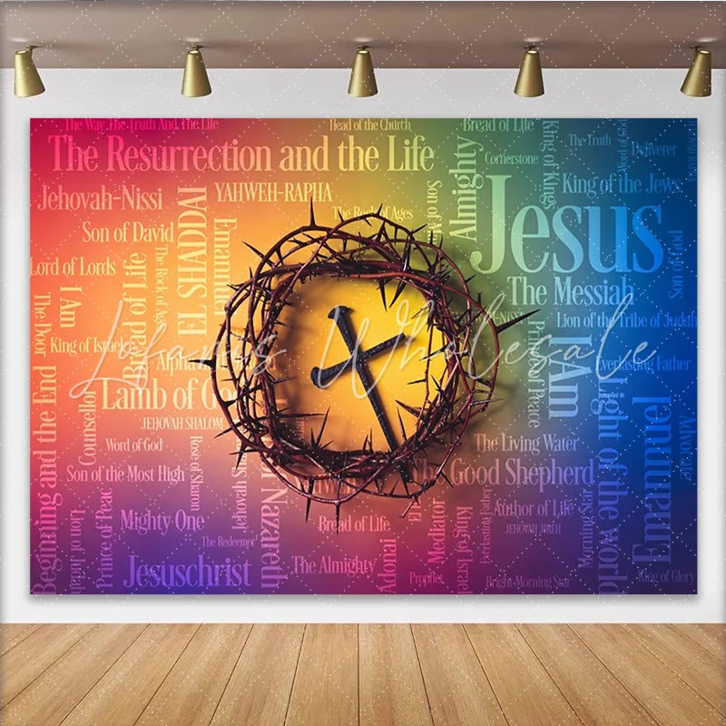 Lofaris Religious Easter Backdrop with Crown of Thorns and Cross Christian Word Cloud Background for Church Event Photography