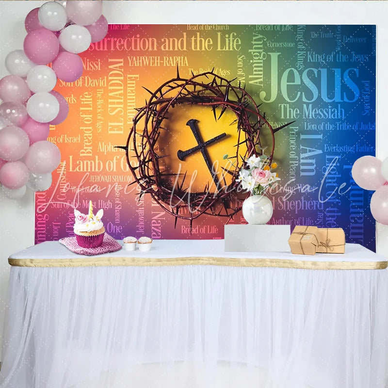 Lofaris Religious Easter Backdrop with Crown of Thorns and Cross Christian Word Cloud Background for Church Event Photography