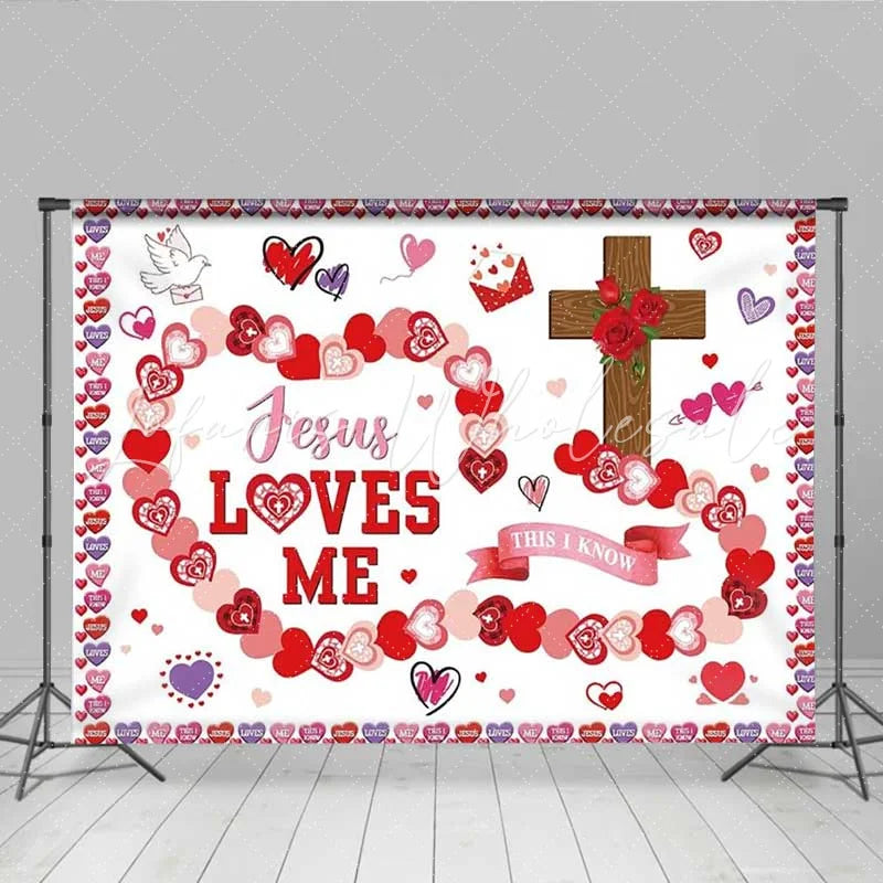 Lofaris Religious Jesus Loves Me Valentines Day Backdrop Cross and Hearts Religious Party Decoration Background