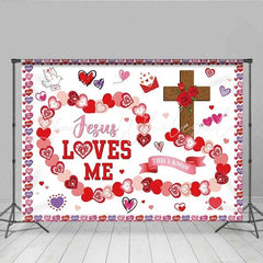Lofaris Religious Jesus Loves Me Valentines Day Backdrop Cross and Hearts Religious Party Decoration Background