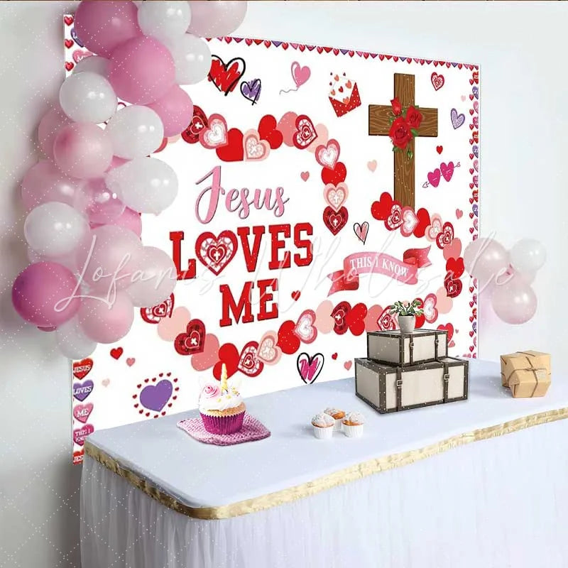 Lofaris Religious Jesus Loves Me Valentines Day Backdrop Cross and Hearts Religious Party Decoration Background
