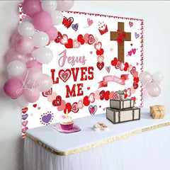 Lofaris Religious Jesus Loves Me Valentines Day Backdrop Cross and Hearts Religious Party Decoration Background