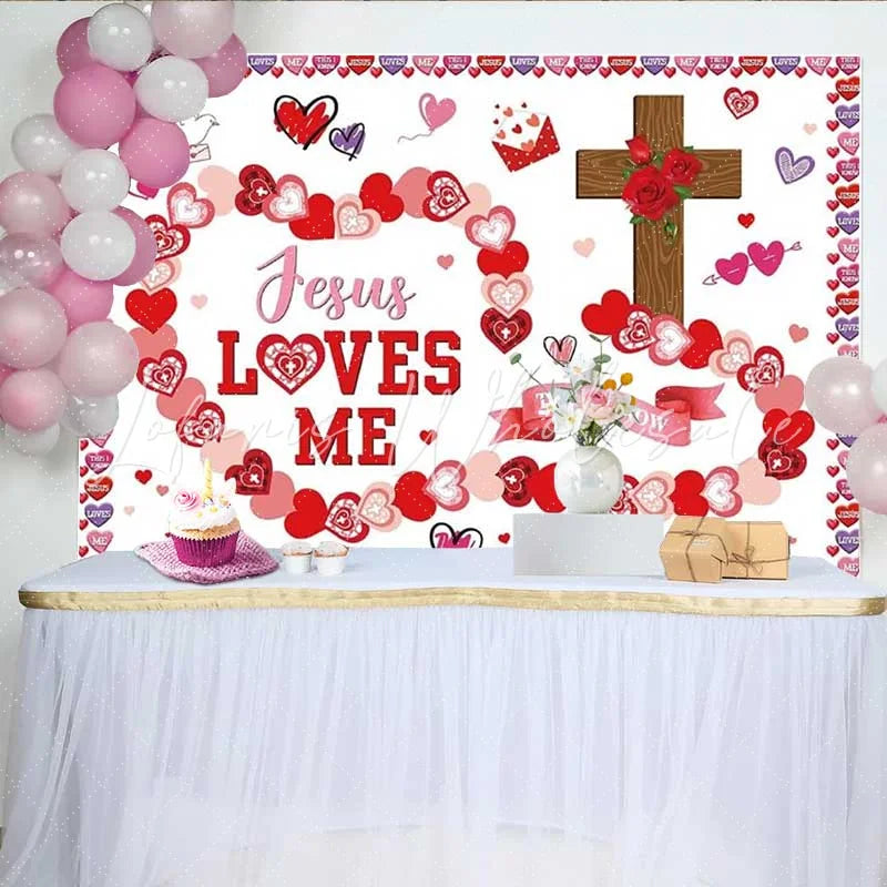 Lofaris Religious Jesus Loves Me Valentines Day Backdrop Cross and Hearts Religious Party Decoration Background