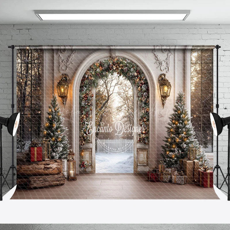 Lofaris Retro Arch Luxury Gate Snowy Christmas Vibe Backdrop