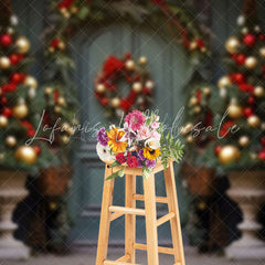 Lofaris Retro Blue Door Trees Celebrates Christmas Backdrop