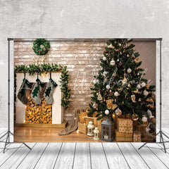 Lofaris Retro Brick Wall Tree Fireplace Christmas Backdrop