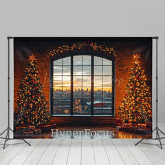 Lofaris Retro Brick Wall Window Xmas Tree Christmas Backdrop