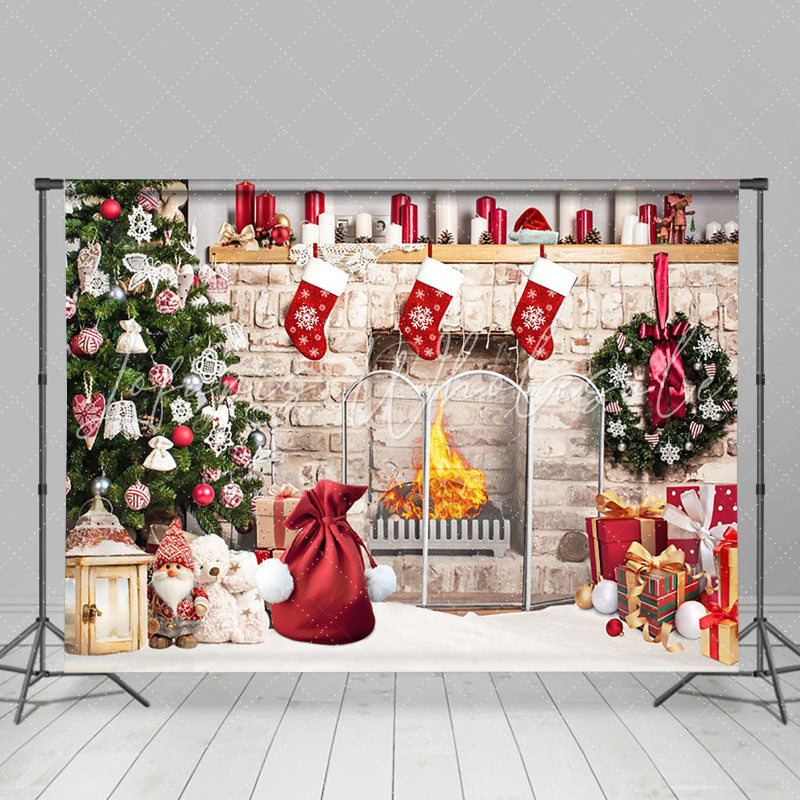 Lofaris Retro Bricks Fireplace Christmas Vibe Room Backdrop