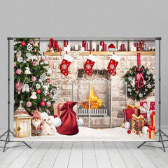 Lofaris Retro Bricks Fireplace Christmas Vibe Room Backdrop