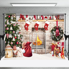 Lofaris Retro Bricks Fireplace Christmas Vibe Room Backdrop