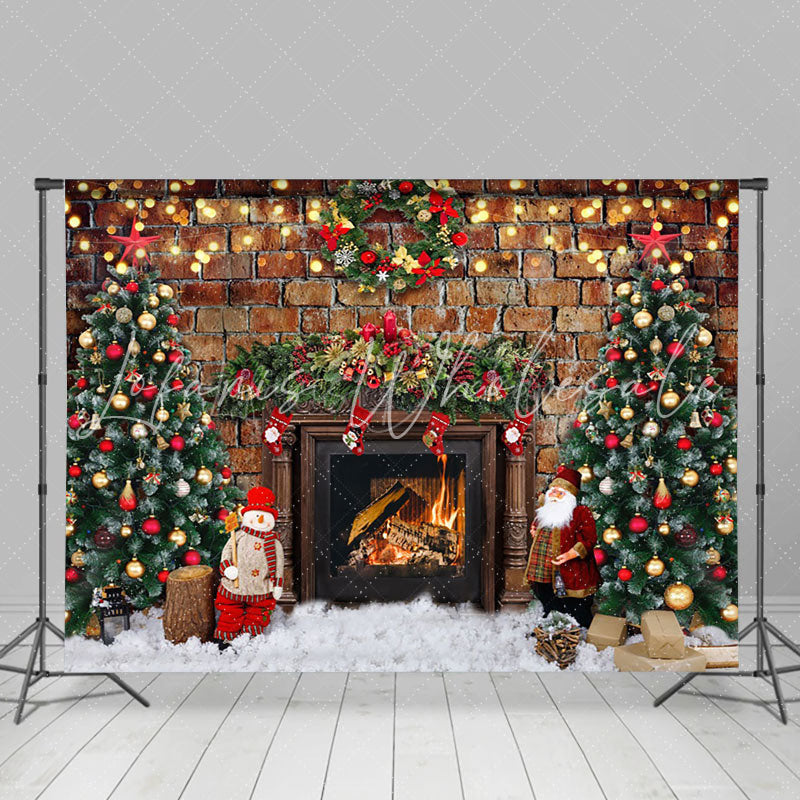 Lofaris Retro Bricks Wall Fireplace Trees Christmas Backdrop