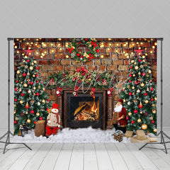 Lofaris Retro Bricks Wall Fireplace Trees Christmas Backdrop