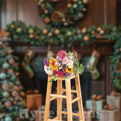 Lofaris Retro Brown Fireplace Tree Gifts Christmas Backdrop