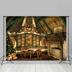 Lofaris Retro Green Wooden House Christmas Vibe Backdrop