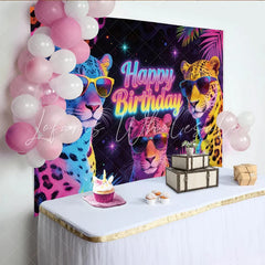 Lofaris Retro Neon Leopard Happy Birthday Backdrop with Cool Sunglasses Colorful Party Background for Kids Celebration Decor