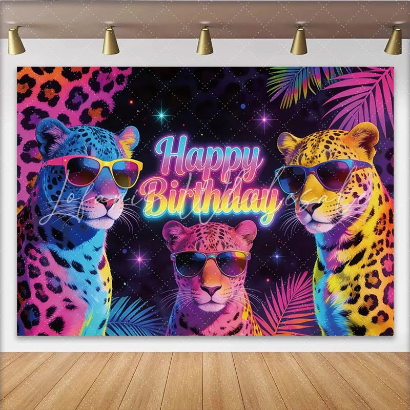 Lofaris Retro Neon Leopard Happy Birthday Backdrop with Cool Sunglasses Colorful Party Background for Kids Celebration Decor