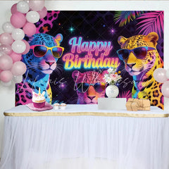 Lofaris Retro Neon Leopard Happy Birthday Backdrop with Cool Sunglasses Colorful Party Background for Kids Celebration Decor