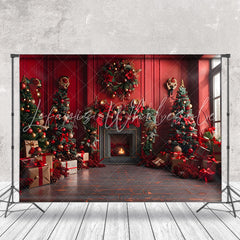 Lofaris Retro Red Room Fireplace Festive Christmas Backdrop